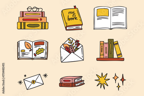 Cozy autumn doodle set of autumn reading cozy books, hand drawn warm rustic style
