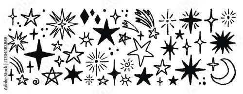 Hand drawn stars with rough edges and sketchy texture. Monochrome line art, hand drawn.