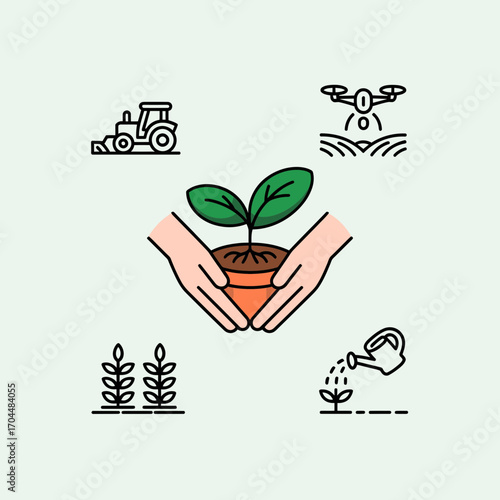 Sustainable agriculture and farming icons with hands holding plant illustration