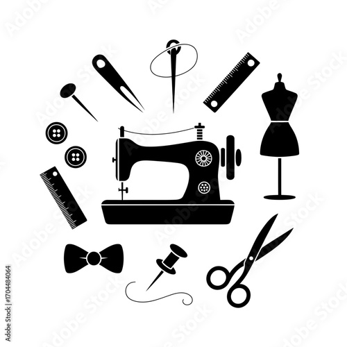 Sewing machine with tailoring tools and dressmaking accessories icons illustration