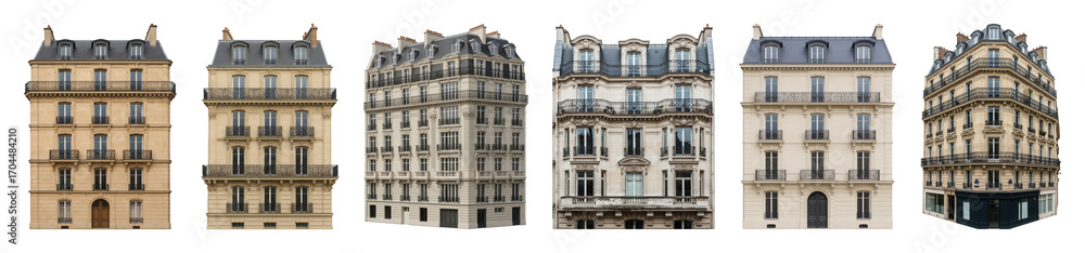 Fototapeta premium Parisian Haussmannian building set including classic facades, corner views, and storefronts isolated. European architecture collection.