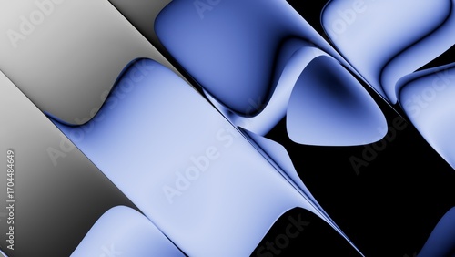 3D rendering. Abstract minimalist aesthetic background. Fluid shapes in soft blue and silver gradients refracting through a ribbed glass texture