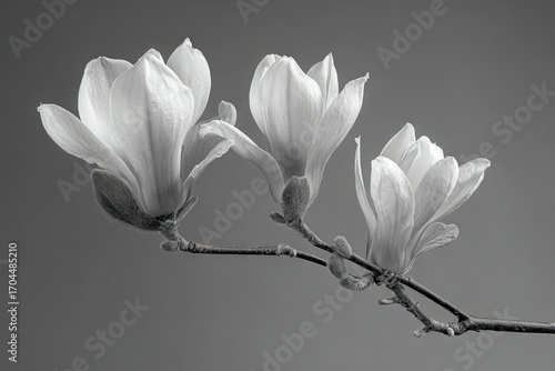 Close-up grayscale image of magnolia blossoms on a branch.