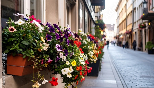 Colorful flower boxes along a European street