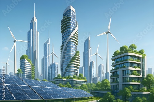 Green city with solar panels and windmills