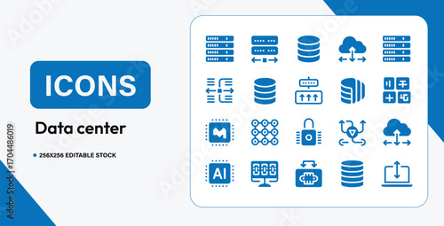 Data Center Line Icons Set Cloud Computing Server Storage and Network Vector Symbols