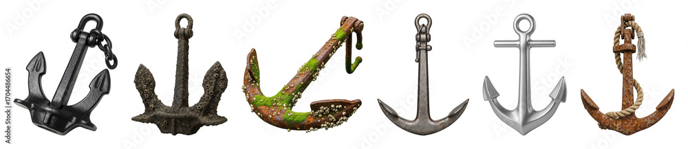 Obraz premium Anchor set including new black, old barnacle, mossy, weathered metal, polished silver, and rope wrapped designs isolated. Nautical and marine themed collection.