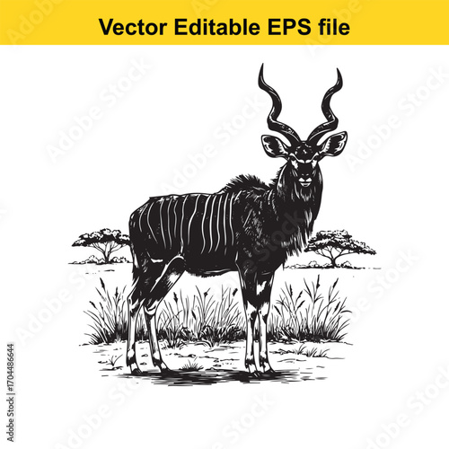 Vector art of kudu antelope standing in savanna landscape, vector illustration