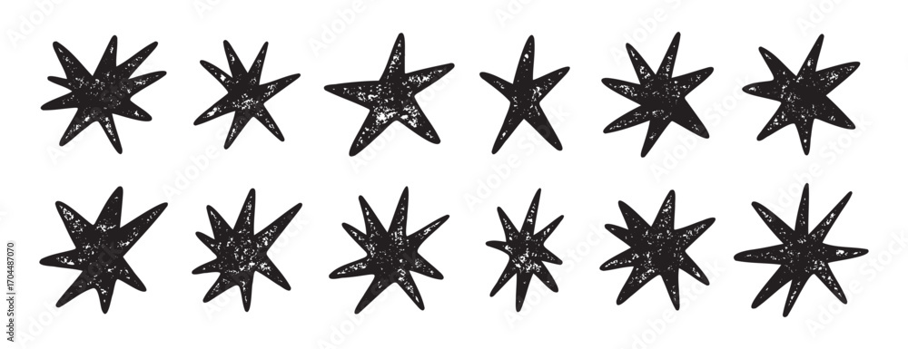 Hand drawn textured black stars set grunge line art design