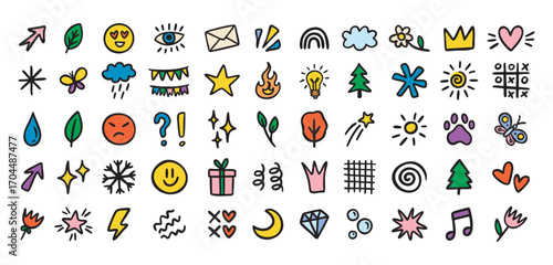 Cute mini doodle icons for primary school, smiles and symbols, colorful, hand drawn