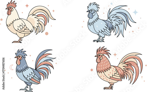 Four stylized illustrations of roosters, each depicted in a different pastel color palette with decorative elements like stars and crescent moons.