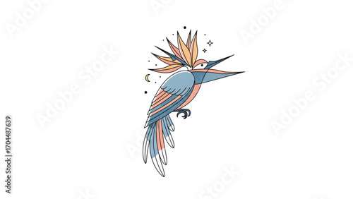 A stylized, colorful illustration of a kingfisher bird with an elaborate crest, set against a white background, with celestial accents.