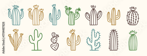 Collection of doodle wild west cactus icons in minimal desert style, hand drawn cacti