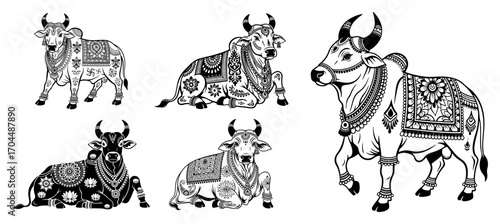 Sacred Cow and Nandi Bull Set Indian Line Art Vector