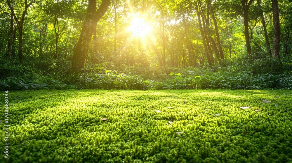 Fototapeta premium Green moss carpet in sunlit forest