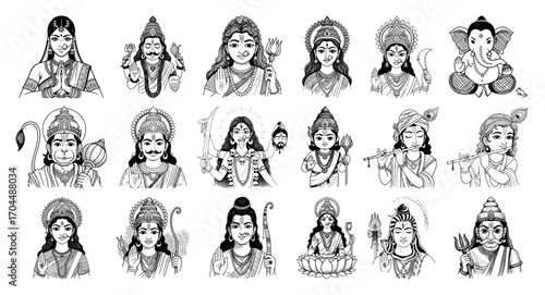 Hindu Deities Icon Set Black and White Line Art Vector
