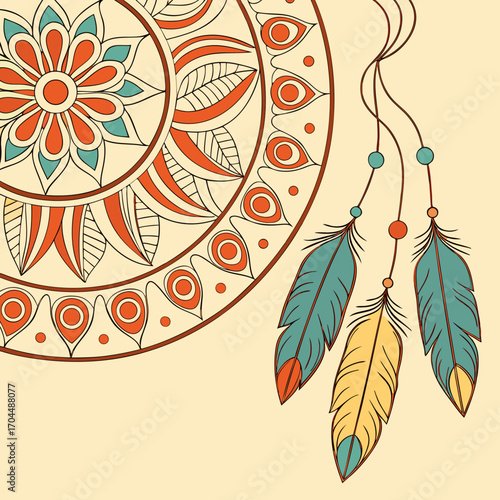 Vibrant dreamcatcher with colorful feathers and intricate mandala patterns evokes spiritual wellness and cultural artistry