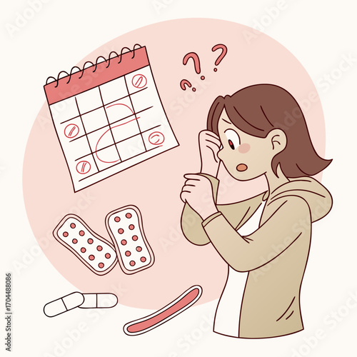 Woman Concerned About Irregular Menstruation with Calendar and Contraceptive Pills Illustration