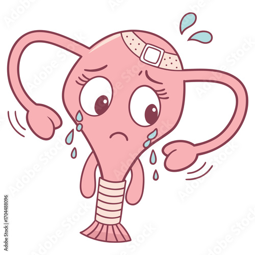 Sad, injured uterus character with bandages and tears evokes empathy for women's health struggles and medical awareness