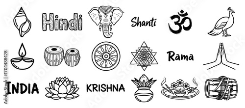 Hand Drawn Doodle Set of Indian and Hindu Cultural Icons