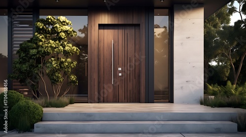 Contemporary home entrance featuring a stylish wooden door with modern architectural details