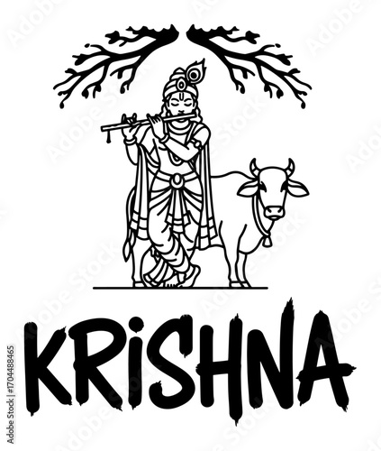 Lord Krishna with Cow Typography Line Art Vector