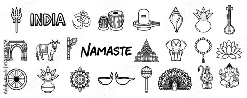 Outline Icon Collection of Hindu Deities and Indian Symbols