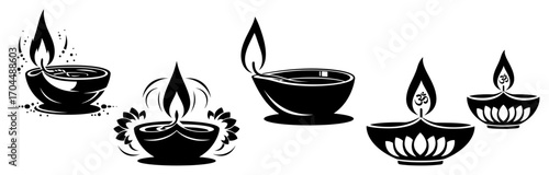 Collection of Diwali Diya Lamp Icons in a Silhouette Style