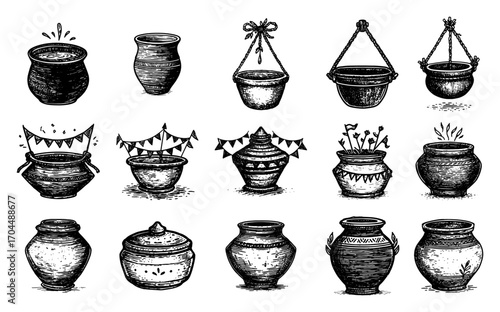 Set of Hand Drawn Traditional Indian Clay Pots