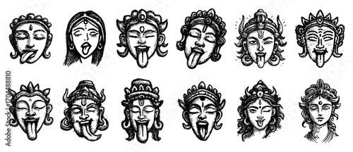 Set of Hand Drawn Illustrations of Hindu Goddess Kali