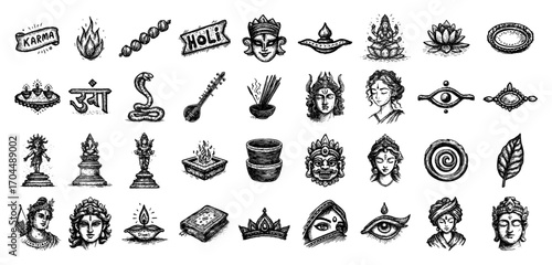 Hand Drawn Hindu Deities and Indian Spiritual Symbols Collection