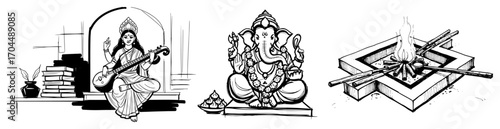 Hand Drawn Illustrations of Hindu Deities Ganesha and Saraswati with a Havan Fire Ritual