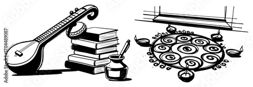 A Still Life Illustration of Indian Art and Knowledge Symbols