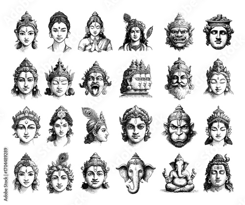 Hand Sketched Portraits of Various Hindu Gods and Goddesses