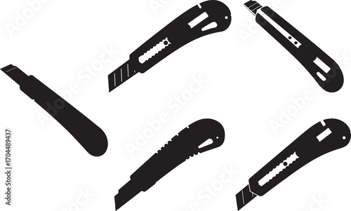 Collection of five black utility knife silhouettes on white background
