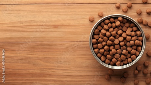 Dry pet food in bowl on wood table