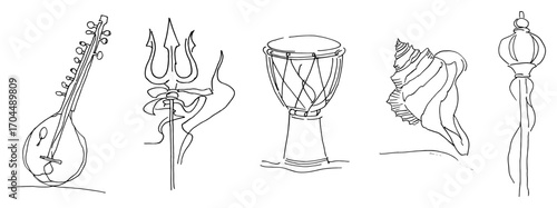 Set of Hindu Religious Symbols and Instruments in One Line Art