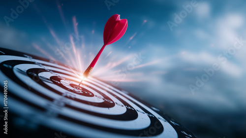A red dart perfectly striking the center of a black-and-white bullseye dartboard, bright blue sky background, symbolizing accuracy, focus, and achievement. bullseye target, dartboa