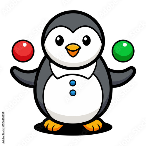 Cute Penguin Character Vector Cartoon Juggling Colorful Balls Chubby Fun Flat Bold Outline Style