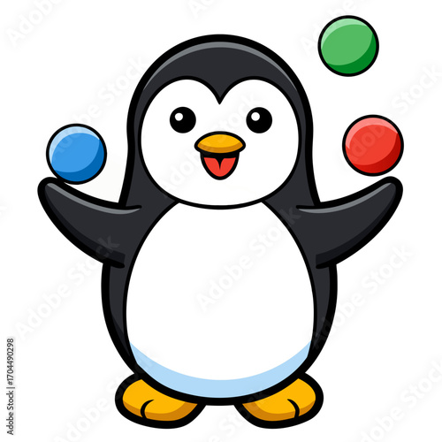 Cute Penguin Character Vector Cartoon Juggling Colorful Balls Chubby Fun Flat Bold Outline Style