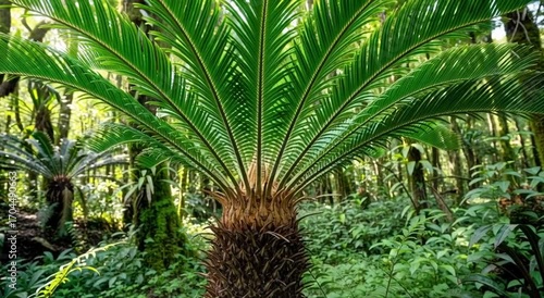 Close up of a sago palm with green fronds surrounded by lush foliage in a dense tropical forest