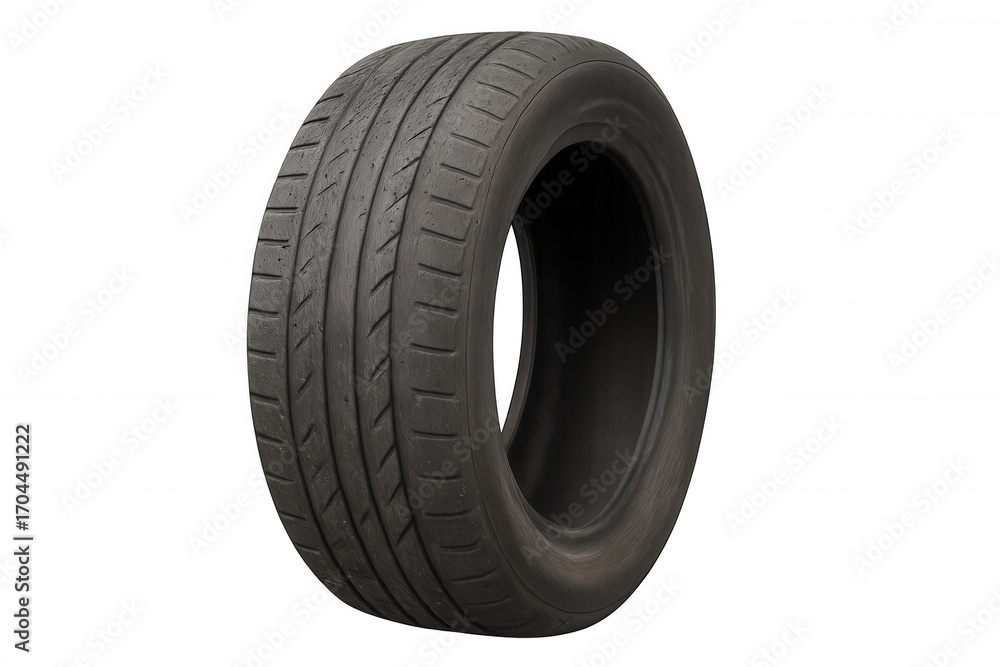 Naklejka premium Close-up of a used car tire with visible tread and sidewall, isolated on a transparent background, ready for compositing