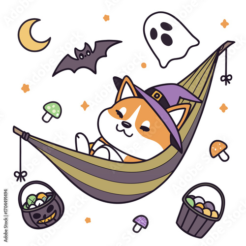 An adorable Akita with a Funny vibe, in a hammock, and a Spooky Fun Halloween theme – SVG style