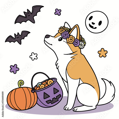Cute Curious Akita, accessorized with with a flower crown, in a Halloween world – Spooky Fun palette vector