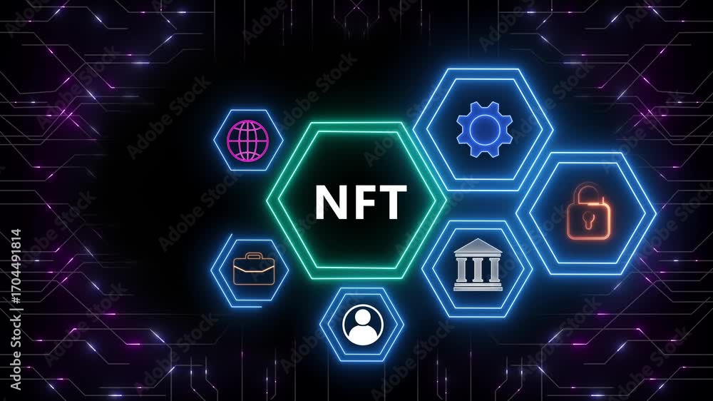 NFT Non-fungible token digital crypto on virtual screen.