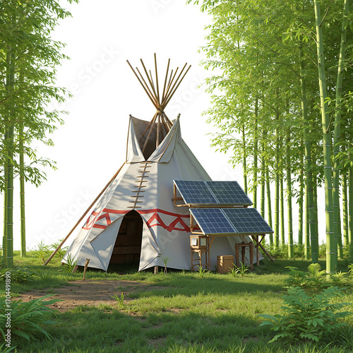 Watercolor Futuristic concept art, Native American Teepee with Solar panelle Bamboo forest at noon, 3d rendering, white background