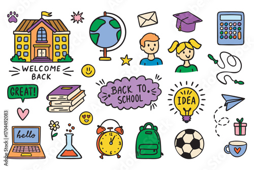 Back to School set globe and school, laptop and chemistry, backpack, ball and cup, calculator, portraits colorful hand drawn