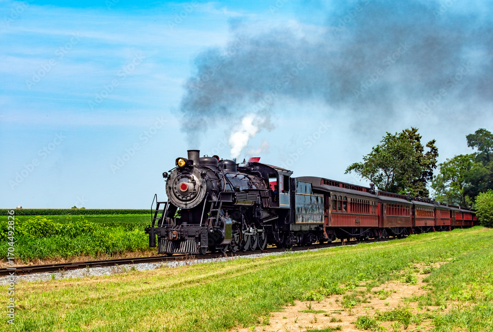 Fototapeta premium A classic steam locomotive chugs along a green valley, releasing puffing clouds of smoke into the clear blue sky.