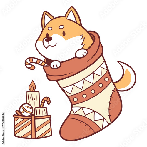 Curious Akita with snuggled in a sock, set in a charming Christmas theme – Warm Cozy color vector art