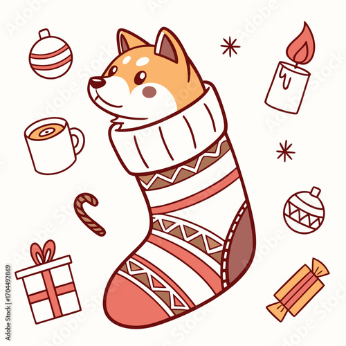 Curious Akita with snuggled in a sock, set in a charming Christmas theme – Warm Cozy color vector art